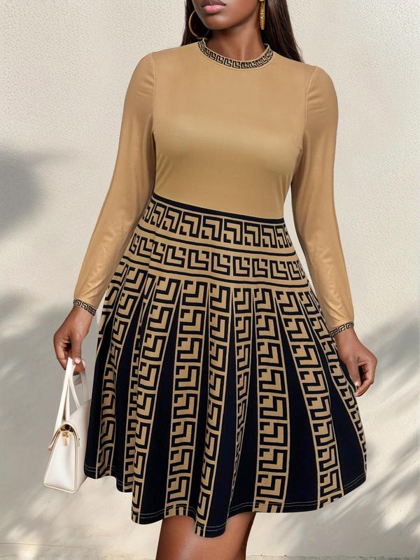  Contrast Binding Pleated A Line Dress, Casual Mock Neck Long Sleeve Dress for Spring & Fall, Women's Clothes for Daily Wear
